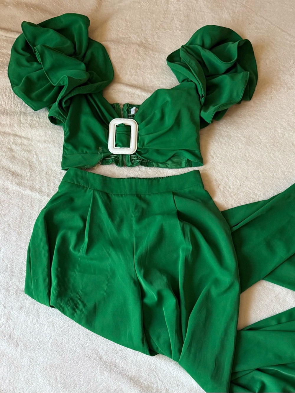Green Ruffles Strap Jumpsuit with Buckle Detail